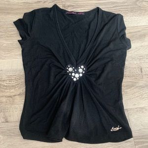 Vintage Foxy Jeans Heart Glam V Neck Cropped Baby Tee